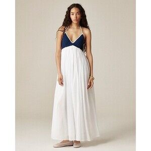 J.Crew Collection Boho Deep V Crochet Maxi Dress Womens M White Navy Resort NWT